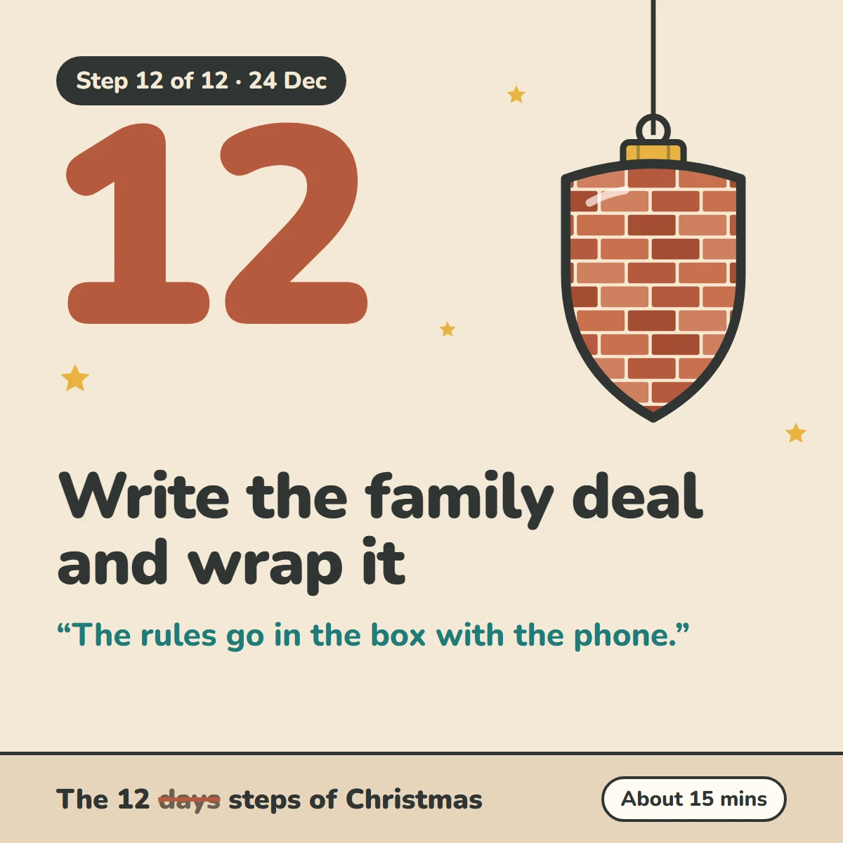 Step 12 of 12, 24 Dec: Write the family deal and wrap it. The rules go in the box with the phone. The 12 steps of Christmas, about 15 mins.