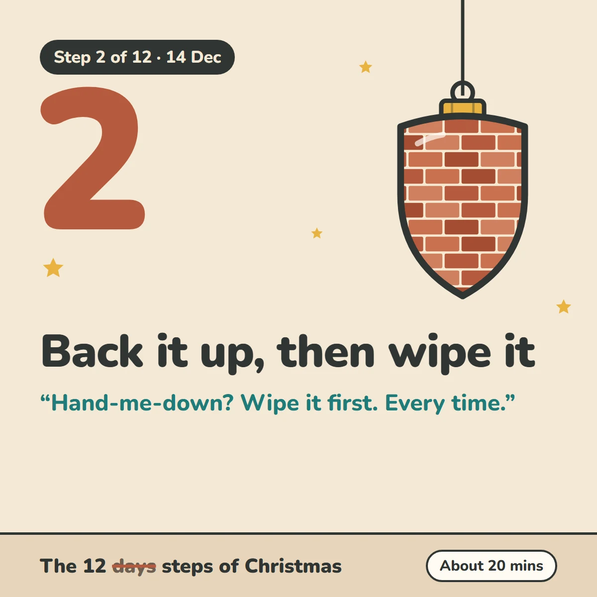 Step 2 of 12, 14 Dec: Back it up, then wipe it. Hand-me-down? Wipe it first. Every time. The 12 steps of Christmas, about 20 mins.