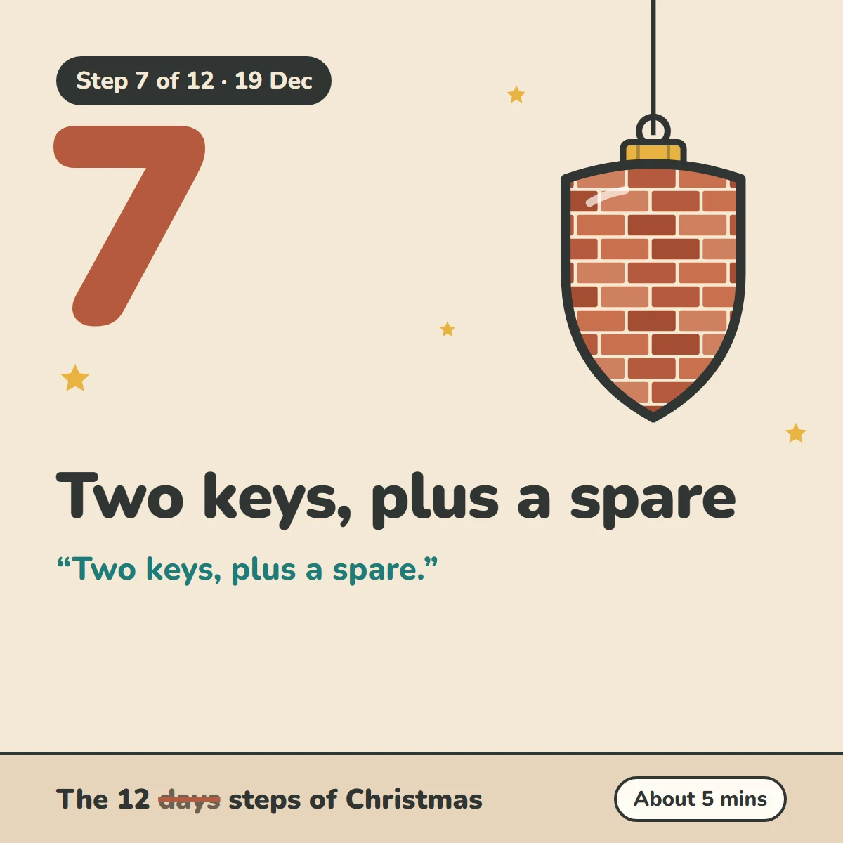 Step 7 of 12, 19 Dec: Two keys, plus a spare. Two keys, plus a spare. The 12 steps of Christmas, about 5 mins.
