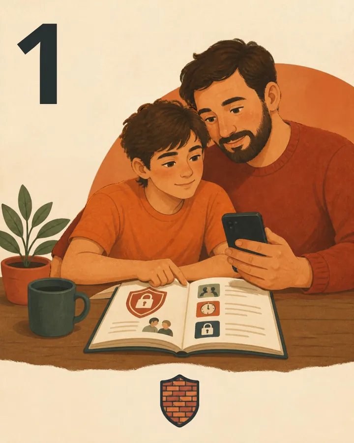 Step 1: A parent and child reading a book about phone safety together at the kitchen table