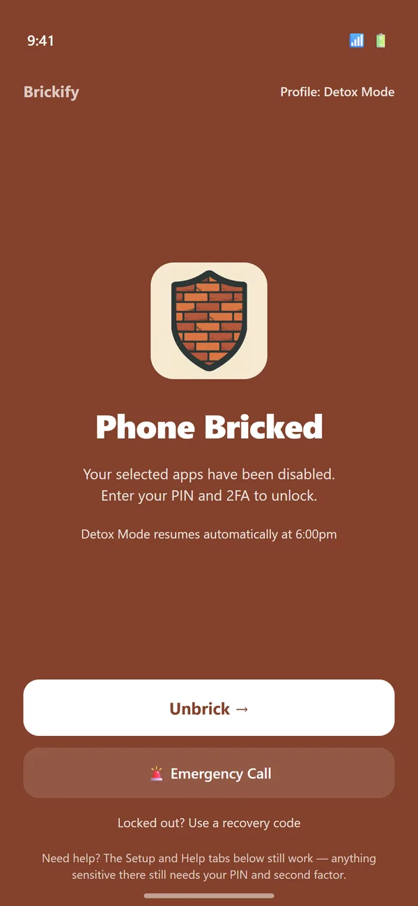 Brickify's Phone Bricked screen, with an Unbrick button, an Emergency Call button and a link: Locked out? Use a recovery code.