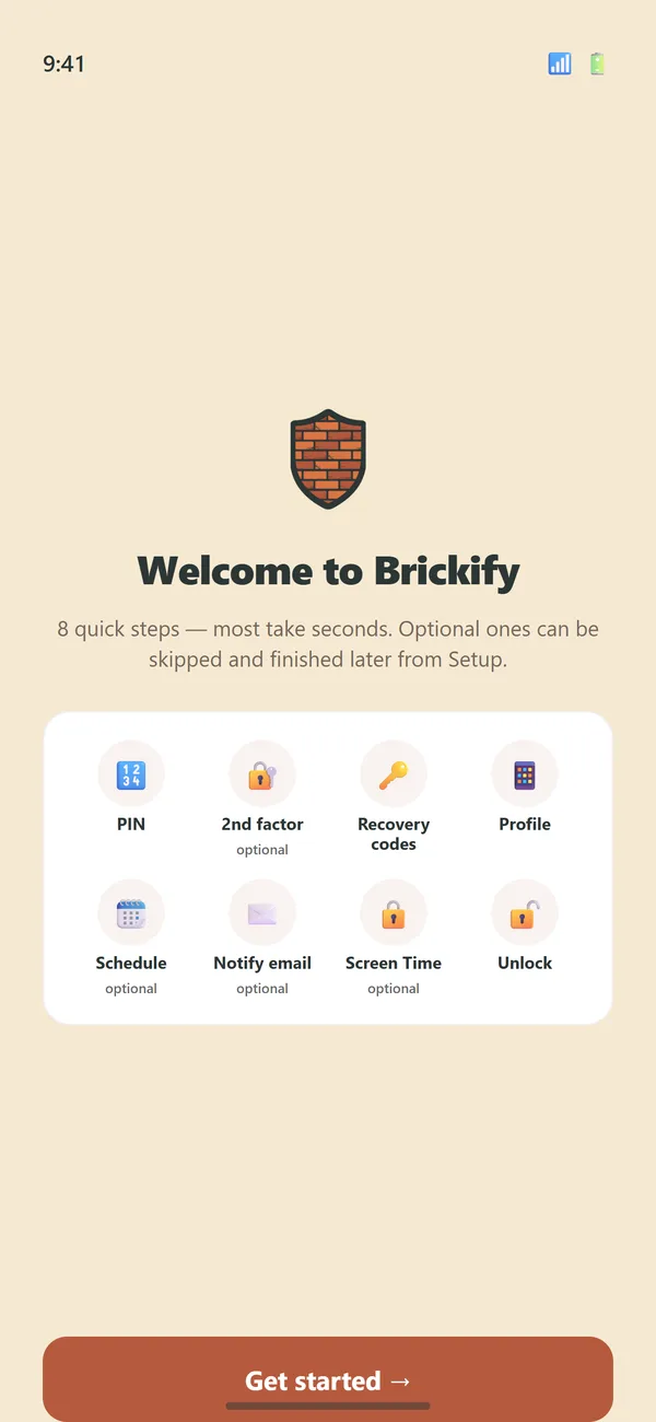 Brickify's welcome screen listing the setup steps